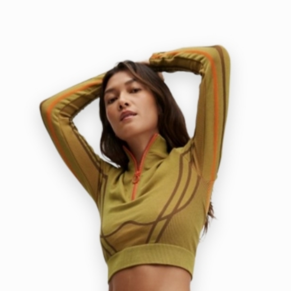 NWT Fabletics Opal Seamless Half Zip Retro Crop Top Olive Athletic Gym Yoga XL